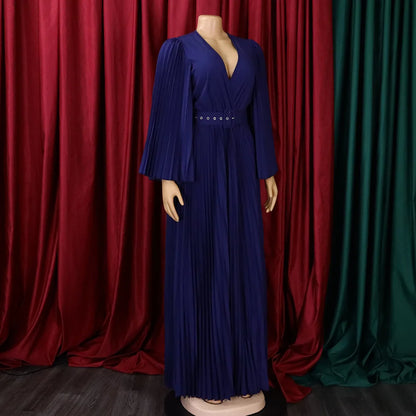 V-neck Flare Sleeve Big Swing Floor Length Maxi Long Dresses  Women Autumn Winter Party Prom Dress