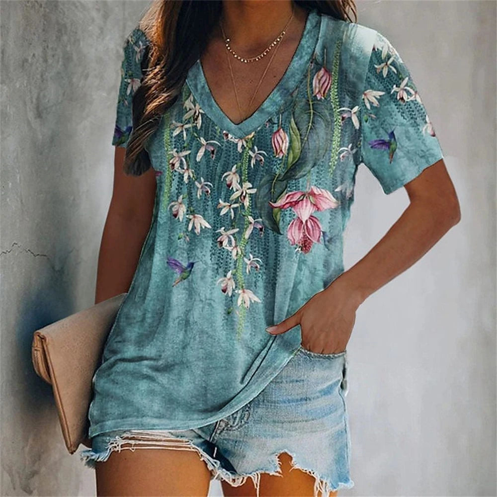 Colorful Tassels Print T-Shirt Fashion Women's Short Sleeve V-Neck T-Shirt Summer Casual Elegant Women's Large Size T-Shirt