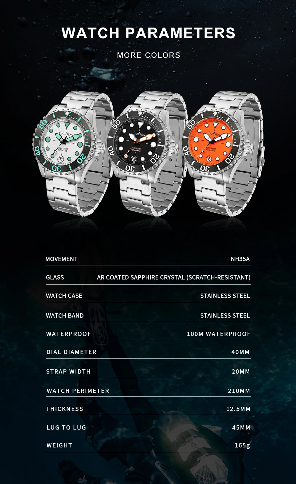 CADISEN AQUA DIVER Brand Luxury Men Watches Automatic Watch Japan NH35A 100M Waterproof Luminous Mechanical Wristwatch
