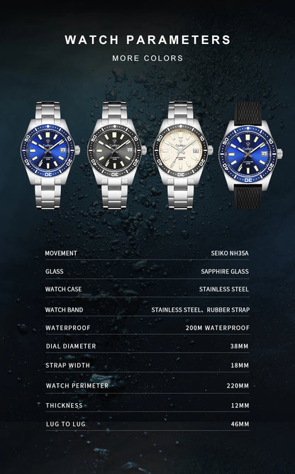 CADISEN New 38mm Diver Mens Watch Japan NH35A Automatic Mechanical Sapphire Glass Date Luminous 200M Waterproof Wrist watch Men