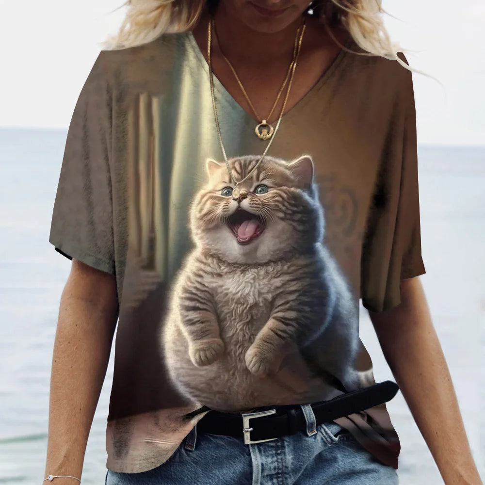 T-shirt Kawaii Cat Print 3D T Shirt Top Girls Y2k Clothing Summer Short Sleeve Tees V-neck Casual Holiday Female T-shirt