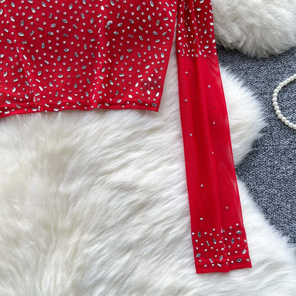 Thin See-tough Long Sve Me T-shirt ort Heavy-du Rhinestone Base irt Korean Sle Creative Pattern