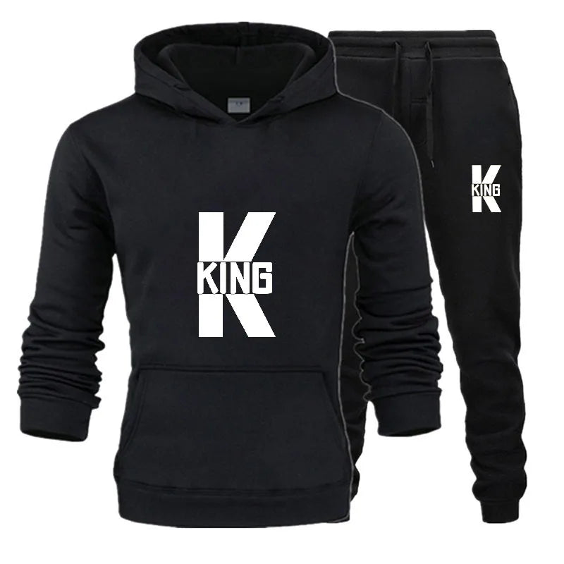 Fashion Lover Couple Clothing Sportwear Set KING QUEEN Printed Hooded Clothes 2PCS Set Women Hoodie and Pants Suit Hoodies
