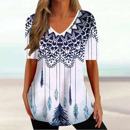 Wind Ladies V-neck T-shirt Summer Outdoor Casual Short Sleeve Tops Retro Street Flower Print OverSize Women's Clothing