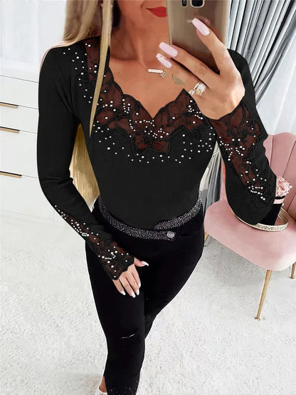 Women's T-Shirt Clothes New Solid Color Collar and Cuffs Splicing Lace Lace Rhinestone Long-sleeved T-shirt Tops Female