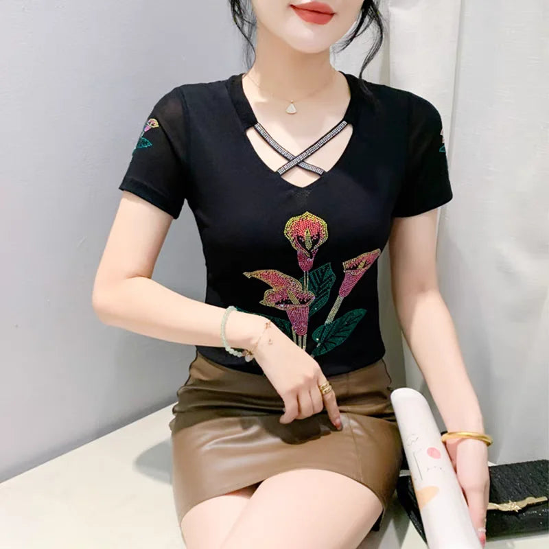 T-shirt For Summer Short Sleeve Pulovers Clothes Casual Aesthetic Cotton Tops Sexy V Neck Zipper Diamonds Tees