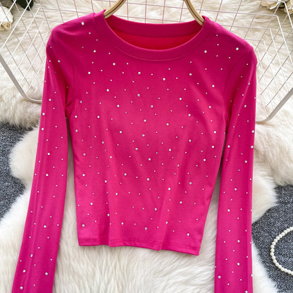 Long Sleeves Hotsweet O-neck Fashion Rhinestone Slim Top French Streetwear Sexy High Street Autumn Winter Women T-Shirts