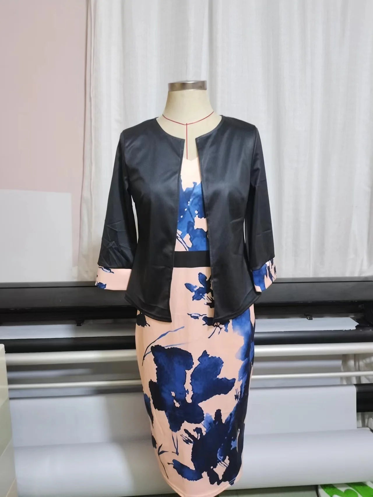 Dress Suits Casual Simple Solid Cardigan and Print Package Hip Dresses Office Ladies Two Piece Sets