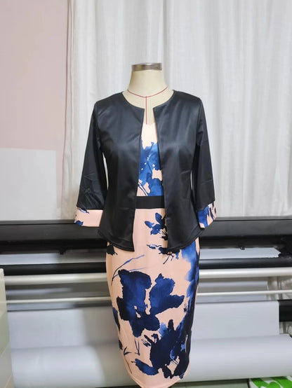Dress Suits Casual Simple Solid Cardigan and Print Package Hip Dresses Office Ladies Two Piece Sets