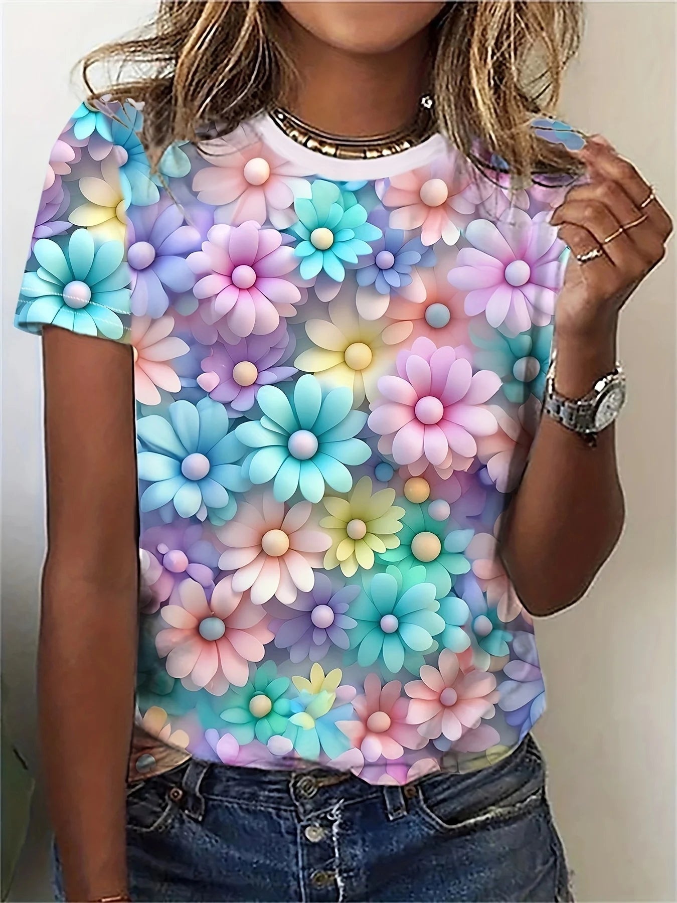 Colorful Rose Flower Print Round Neck Women's T-shirt Summer Versatile And Refreshing Y2K T-shirt