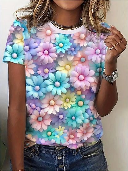 Colorful Rose Flower Print Round Neck Women's T-shirt Summer Versatile And Refreshing Y2K T-shirt