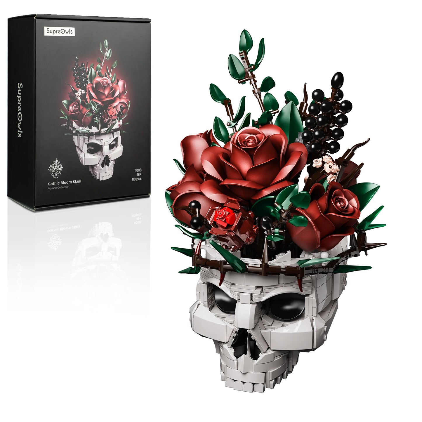 SupreOwls Skull Flowers Building Blocks Set Gothic Roses Bouquet Toy Skeleton Planter Pot Floral Decor Halloween Gifts for Adult