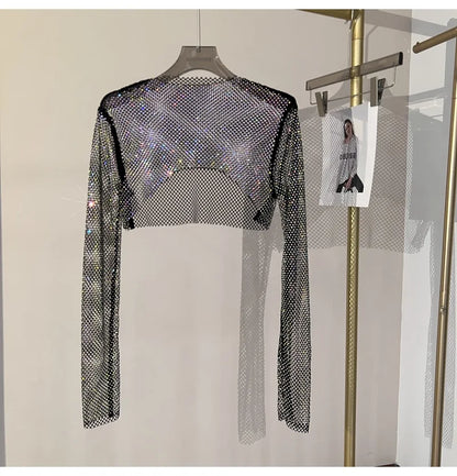 Bright diamond short top Slim thin Ms. hot drill long-sleeved T-shirt sexy leak waist nightclub