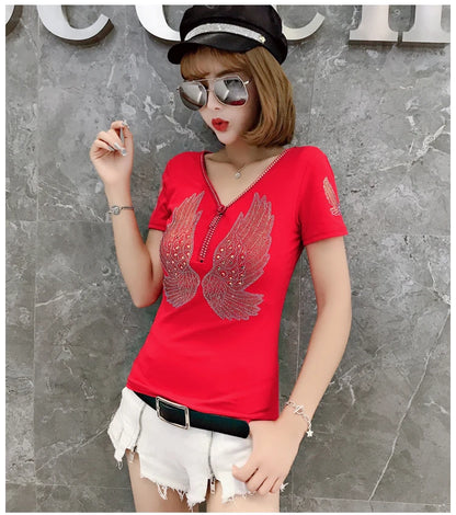 T-shirt For Summer Short Sleeve Pulovers Clothes Casual Aesthetic Cotton Tops Sexy V Neck Zipper Diamonds Tees