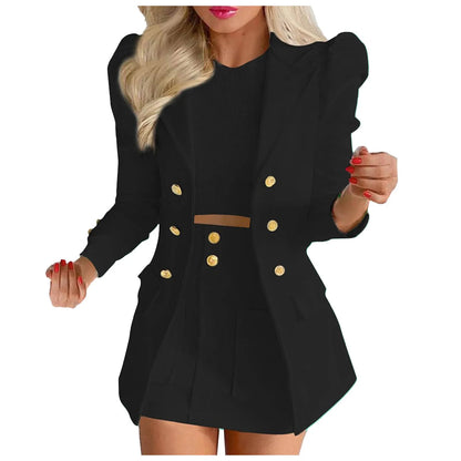 Long Sleeve Two Breasted Skirt Set Solid Color Jacket And Floral Skirt Two Piece Outfit Business Casual Elegant Sets