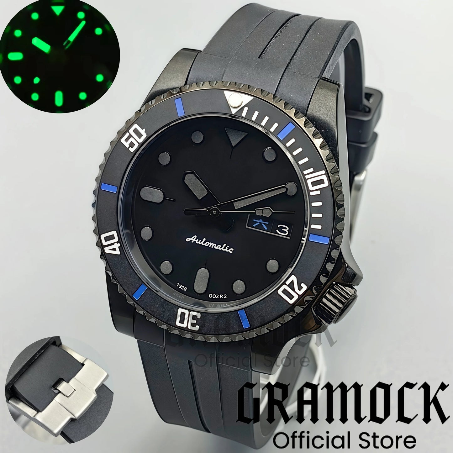 Gramock 40mm Men's Watch NH36 Movement Week-day Display Function Full Black Dial PVD Case Curved End Rubber Strap Waterproof