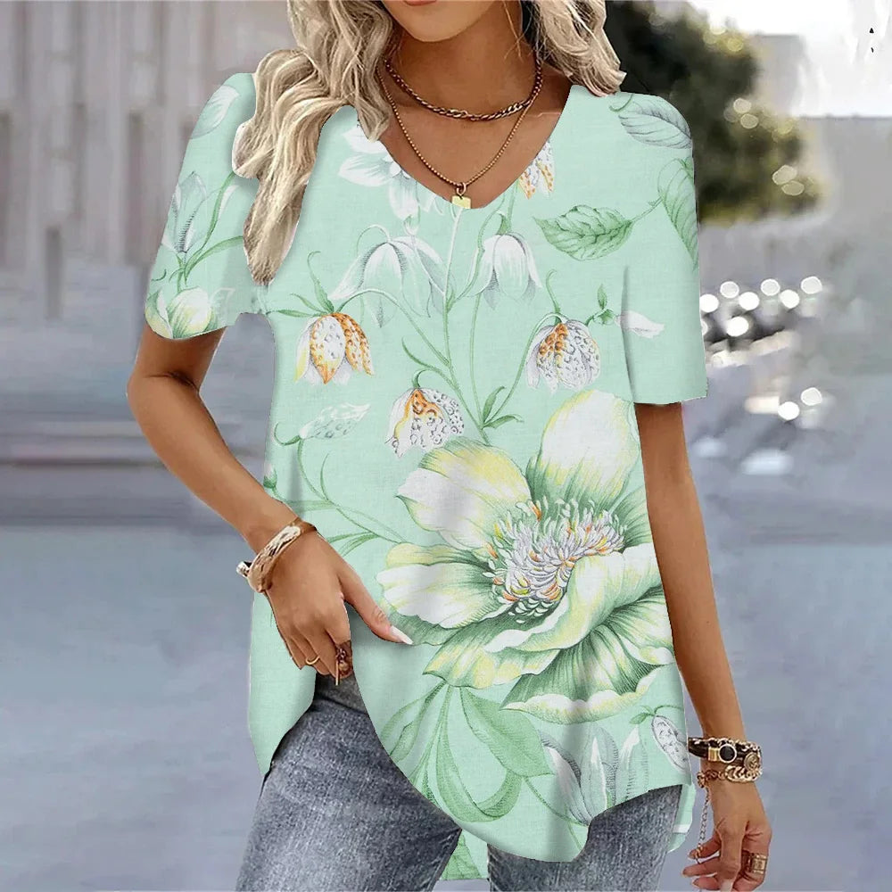 Butterfly Printed Short Sleeve T-shirt Korean Style Women's Clothes 2024 V-neck Short Sleeves Tees Shirt Loose Casual Blouses