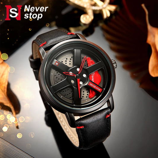 NS Men's Car wheel hub watch Minimalist Fashion Sports Watch Calendar Leather casual Quartz watch