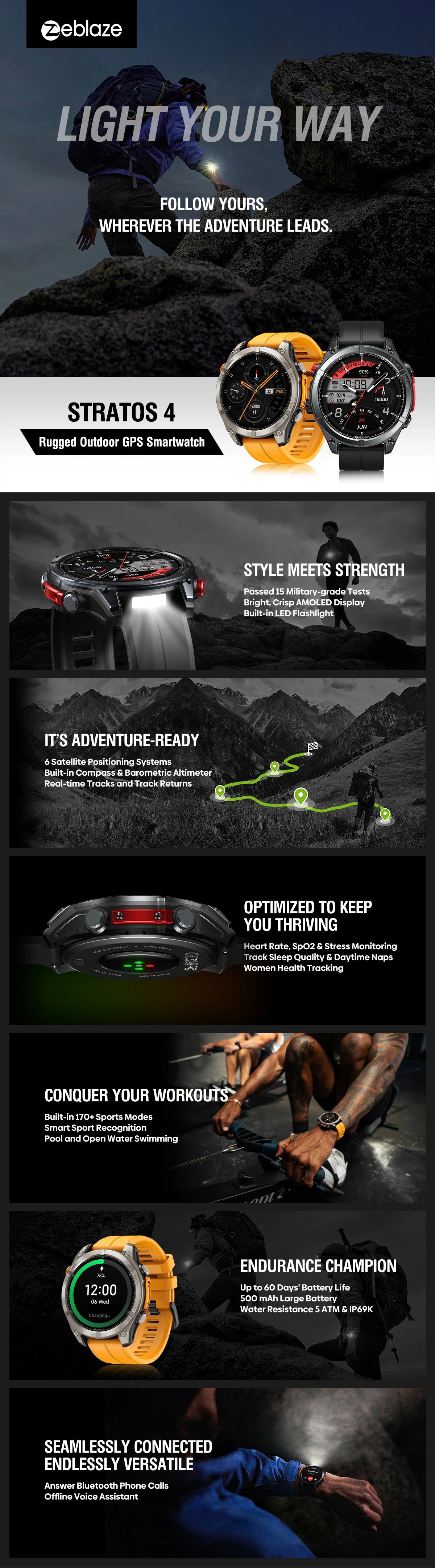 Zeblaze Stratos 4 GPS Smartwatch 1.43" AMOLED Screen Compass Barometric Altimeter Flashlight Voice Calling Smart Watch