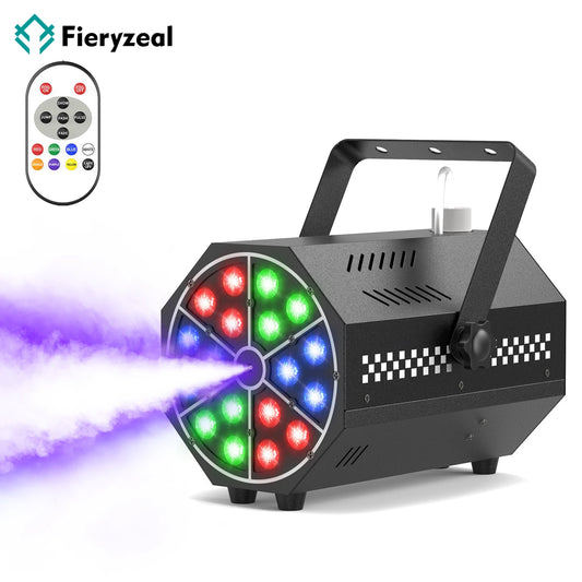 Fieryzeal Mini 500W Fog Machine 18LED RGB Stage Light 7 Static Colors Smoke Machine Fogger Remote Control for Halloween Party