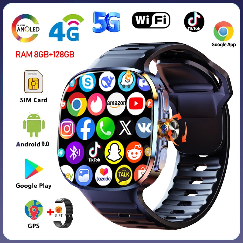 Android 9.0 Smart Watch 2.4 inch AMOLED 2100mah Battery 900W Camera GPS WIFI Google APPS Download Smartwatch