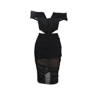 Slimming Mesh Splice Bum Covering Visibility Elastic Off-Shoulder 2-Piece Set European And American Style