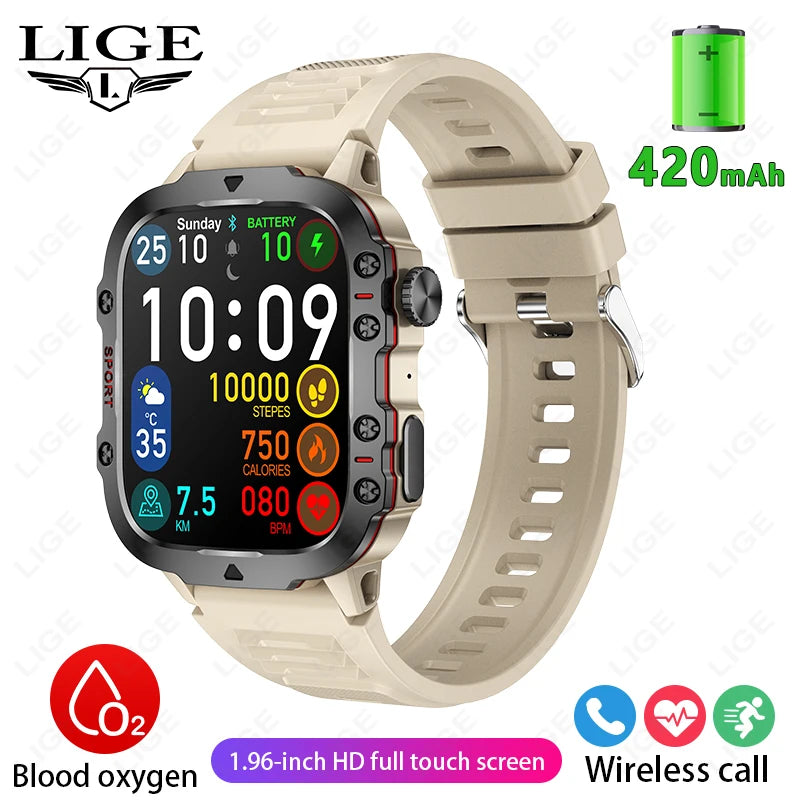LIGE Outdoor Smart Watch Men 2.01" Screen 3AT Waterproof Watches Bluetooth Call Ai Voice Sport Smartwatch For Android Xiaomi IOS
