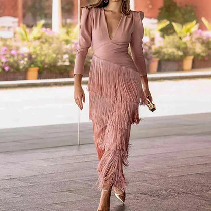 Solid Color Women Banquet Dresses French Style V-neck Long Sleeve Evening Dress Chic High Waist Pleated Tassel Hem Dress