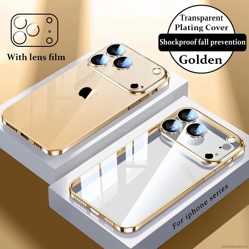 Plating Transparent with Lens Film Case for iPhone 17 Air 17 16 15 14 13 12 11 Pro Max Plus Anti-fall Damping Cover