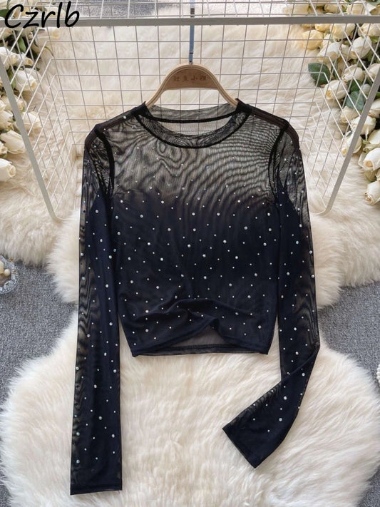 T-shirts Women Cropped Sequins Slim Sheer Solid Spring Summer Sexy Style Cozy Thin O-neck Clubwear European