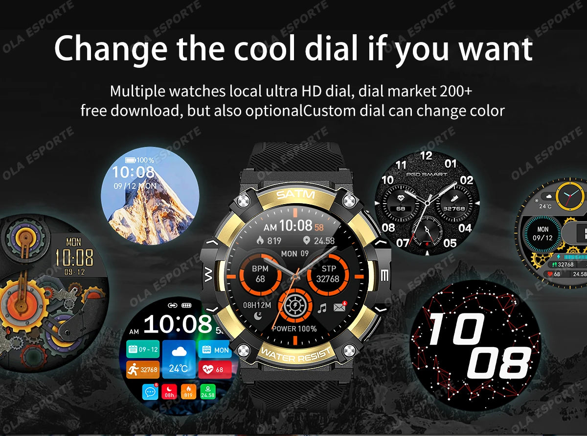 Outdoor Military Smartwatch For Men Health Monitor Bluetooth Call Voice Assistant GPS Sports Waterproof Men Smartwatch 2024