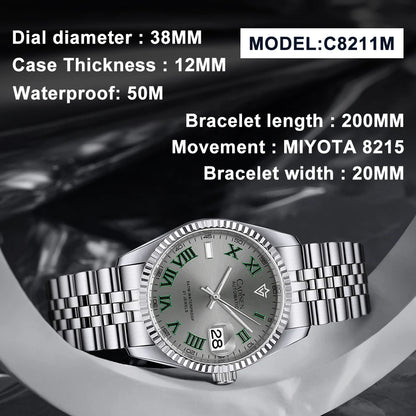 CADISEN 38MM Men's Automatic Mechanical Watch Luxury AR Sapphire Glass Waterproof Stainless Steel MIYOTA 8215 Men Wristwatch