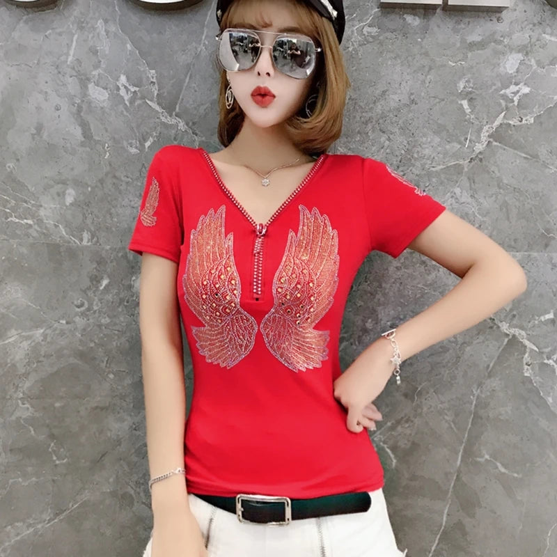 T-shirt For Summer Short Sleeve Pulovers Clothes Casual Aesthetic Cotton Tops Sexy V Neck Zipper Diamonds Tees
