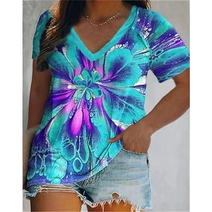 Colorful Tassels Print T-Shirt Fashion Women's Short Sleeve V-Neck T-Shirt Summer Casual Elegant Women's Large Size T-Shirt