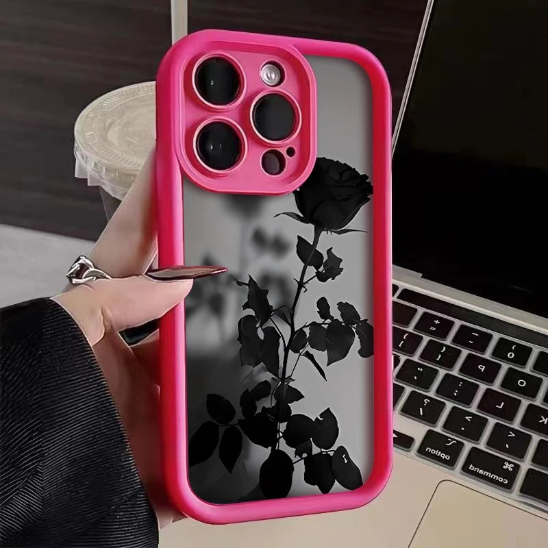 Minimalist Black Rose Pattern Phone Case For iPhone 17 16 15 14 Pro Max 13 12 11 XS X XR 8 Plus 16e 17 Air Shockproof Soft Cover