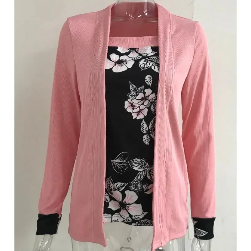 Long Sleeved New Printed Fake Two-piece Set Casual Fashion Temperament T-shirt Long Sleeved Cardigan