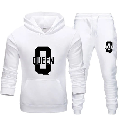 Fashion Lover Couple Clothing Sportwear Set KING QUEEN Printed Hooded Clothes 2PCS Set Women Hoodie and Pants Suit Hoodies