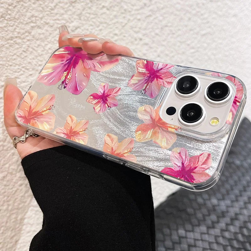 Shiny Phone Case For iPhone 17 16 15 14 13 12 11 Pro Max 16E 14 Plus 17 Air CWatercolor Hibiscus Flower Pattern Hard Cover