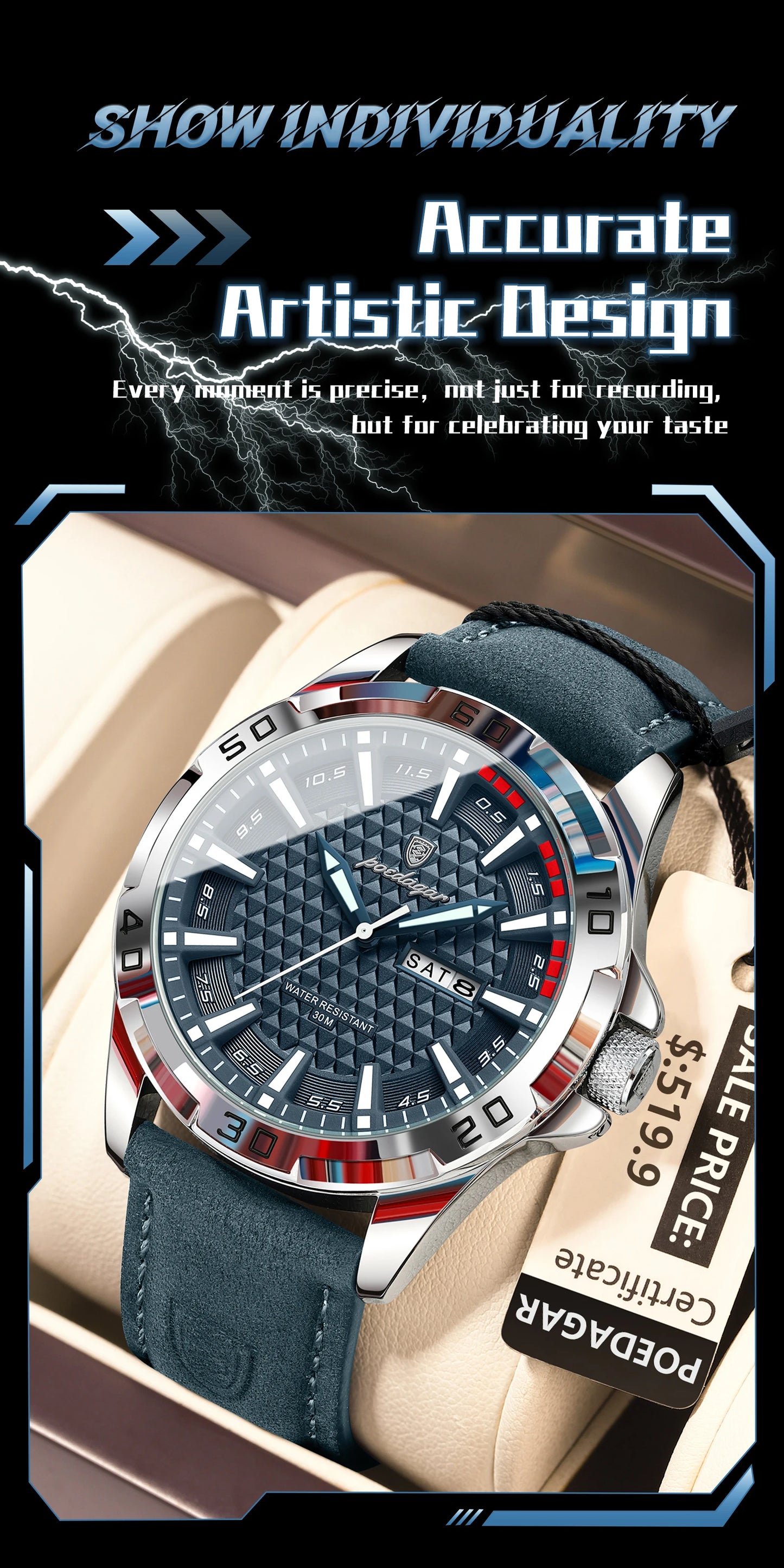 POEDAGAR Original Man Wristwatch Top Luxury Waterproof Luminous Date Week Watch For Men Quartz Sport Leather Men's Watches Reloj