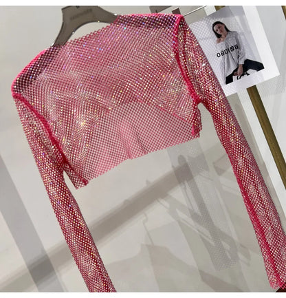 Bright diamond short top Slim thin Ms. hot drill long-sleeved T-shirt sexy leak waist nightclub