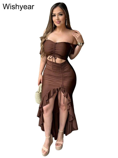 Showlder Backless Ruffles Irregular Dresses Woman Ruched Patchwork Hollow Out Bodycon Birthday Vestidos Autumn
