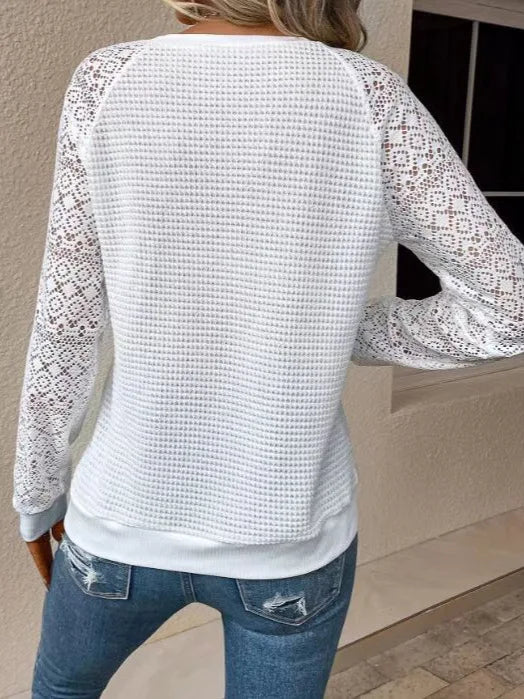 Solid Color Lace Long Sleeve Hollow Neck Casual Women's T-Shirt Top