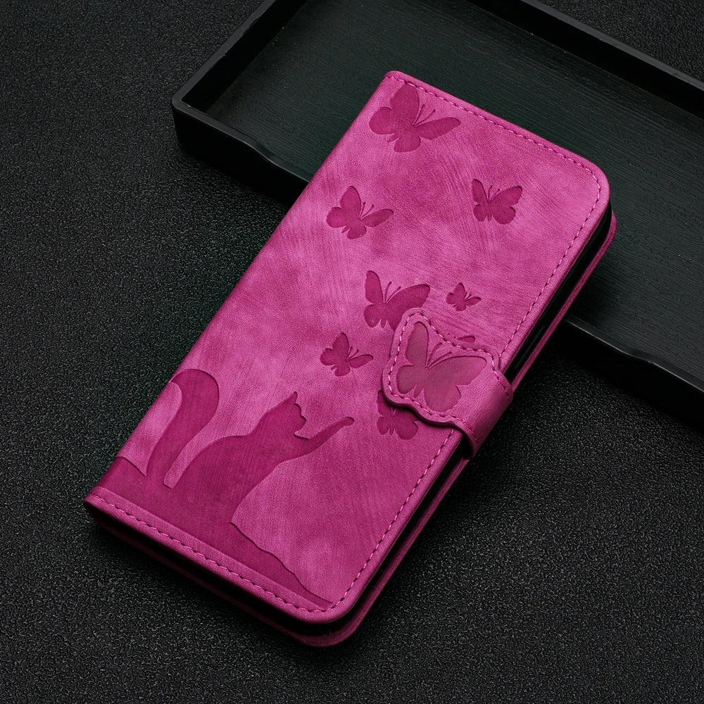 IPhone 17 Flip Case for Coque iPhone 15 16 14 13 12 11 Pro Max iPhon 15 Plus Cases Cute Cat Butterfly Leather Wallet Back Cover
