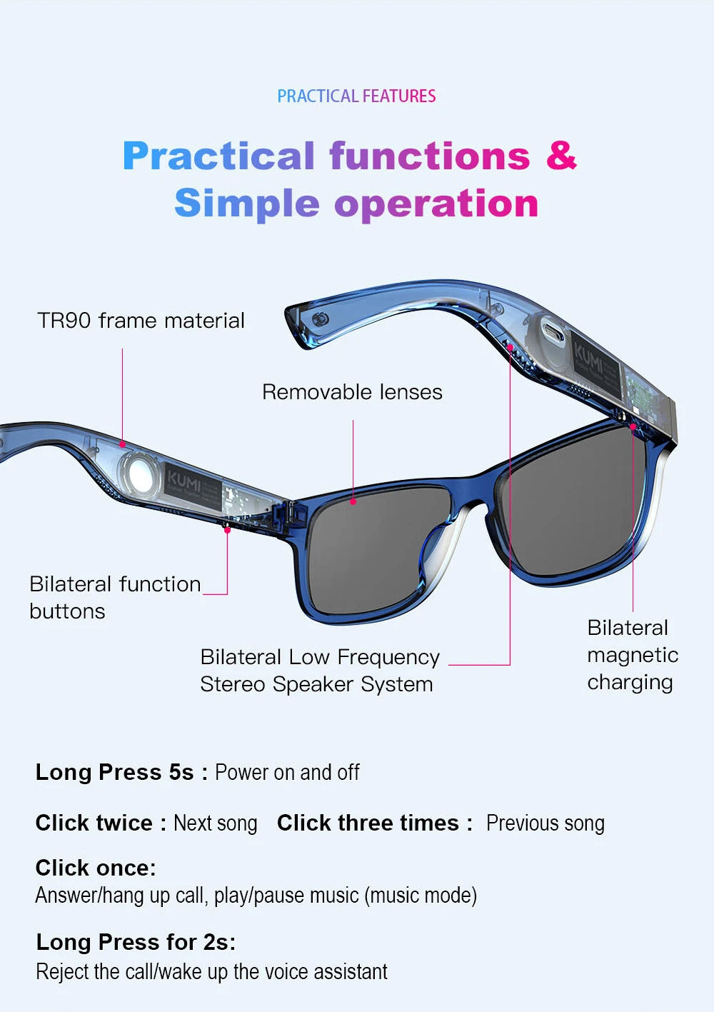 KUMI Meta V1 Smart Glasses IPX4 Waterproof Bluetooth glasses Bluetooth Call 5.0 listen to the music last for about 8 hours Blue