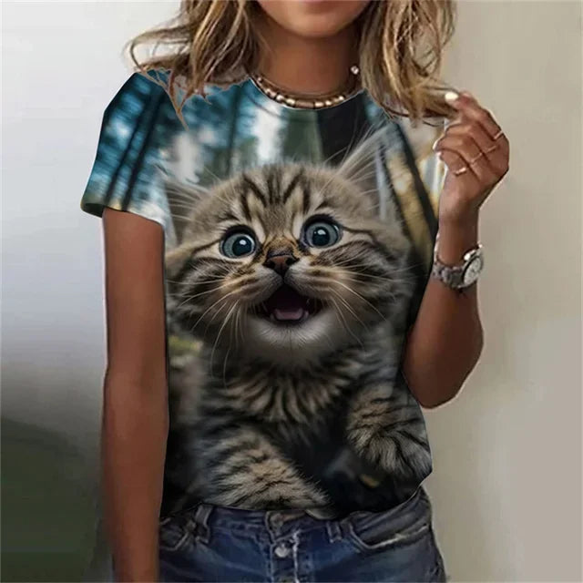T-shirt 3D Printed Kawaii Cat Pattern Short Sleeved Round neck Top Summer Outdoor Casual Street Simple Clothing