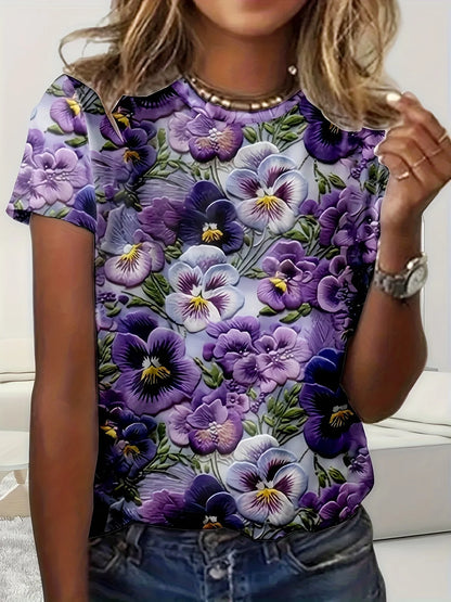 Colorful Rose Flower Print Round Neck Women's T-shirt Summer Versatile And Refreshing Y2K T-shirt