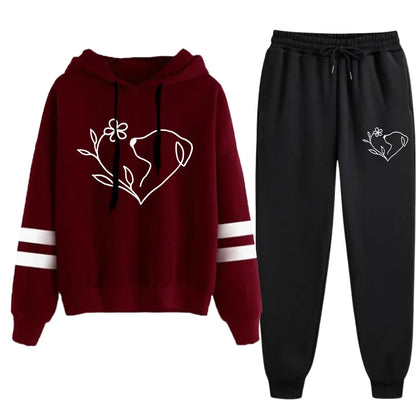 2025 Hot Sale Women's Tracksuit Hooded Sweatshirts Black Sweatpants Urban Casual Fashion Sportswear Cute Pattern Print Hoodies