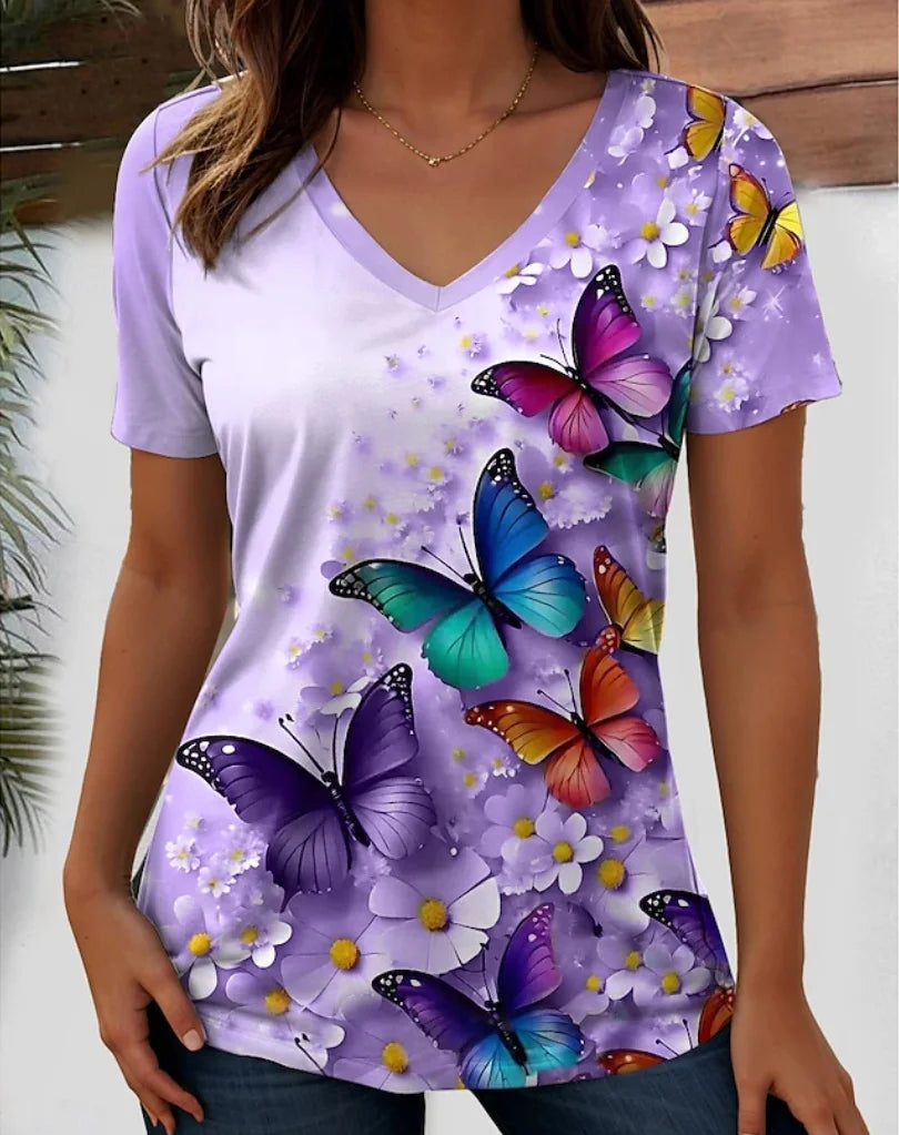 Wind Ladies V-neck T-shirt Summer Outdoor Casual Short Sleeve Tops Retro Street Flower Print OverSize Women's Clothing