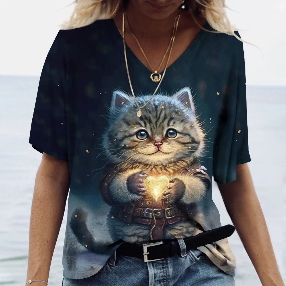 T-shirt Kawaii Cat Print 3D T Shirt Top Girls Y2k Clothing Summer Short Sleeve Tees V-neck Casual Holiday Female T-shirt
