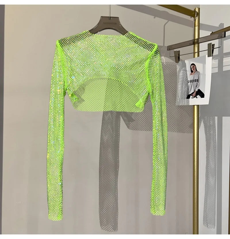 Bright diamond short top Slim thin Ms. hot drill long-sleeved T-shirt sexy leak waist nightclub